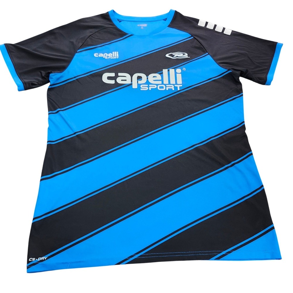 Capelli Sport Mens XL Blue Black Striped Soccer Jersey CS-Dry Rush Soccer 95